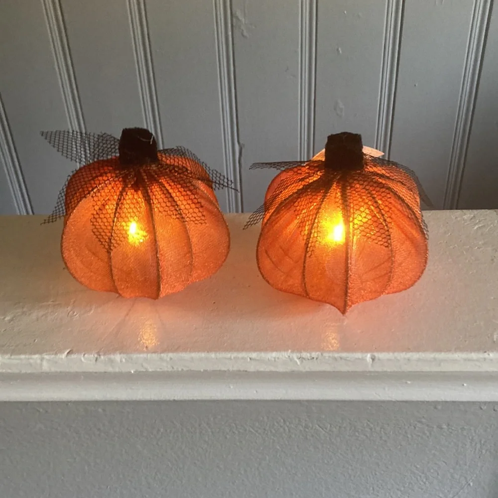 NWT- 2- Elegant Orange Lace Covered Light Up LED Halloween Pumpkin Decorations